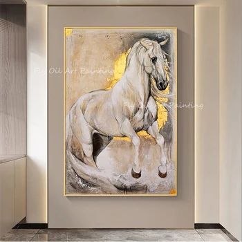 100% Ручная работа, бегущая лошадь, изображение животного из золотой фольги, плакат большого размера со светло-коричневой картиной маслом на холсте для подарка в офис