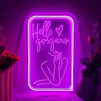 12-цветная неоновая вывеска Hello Gorgeous С индивидуальной гравировкой светодиодных ламп для эстетики домашнего декора, предметов для украшения стен и комнат