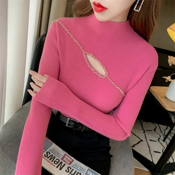 2023, Новый Корейский модный Сексуальный вязаный свитер с бриллиантами, осенне-зимние Женские пуловеры с вырезами, топы