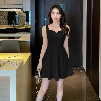 2023 Черные тапочки, летнее мини-платье без рукавов с V-образным вырезом, элегантное и продвинутое платье Vestidos Бесплатная доставка