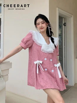 CHEERART, Корейское двубортное короткое платье-рубашка из 2 частей, Женское Летнее платье-рубашка с кружевным воротником и оборками, Дизайнерское мини-платье