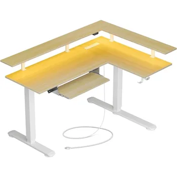 L-образный письменный стол Rolanstar со светодиодной подсветкой и розеткой, Двухмоторные Электрические столы для домашнего офиса с регулируемой высотой