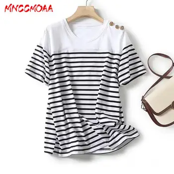 MNCCMOAA-Женская футболка в полоску с коротким рукавом, круглый вырез, шикарная пуговица, Женские повседневные футболки, летняя мода, 2024