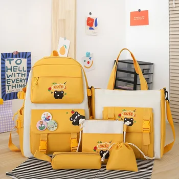 Mochila/ Новый школьный рюкзак из 5 предметов, студенческий рюкзак, многофункциональные парусиновые легкие милые школьные сумки для девочек, сумка-рюкзак