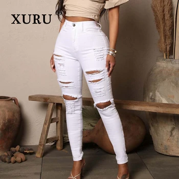 XURU-Европа и Соединенные Штаты, Новые Эластичные джинсы с дырками, Женские брюки High Street Small Foot, Длинные джинсы K65-1076