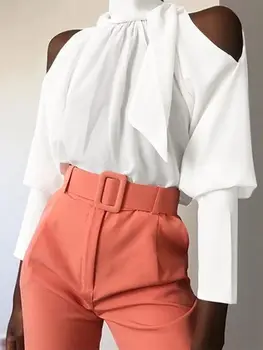 ZANZEA 2023 Блузка с длинными рукавами и открытыми плечами, женская рубашка, осенний винтажный бандажный воротник-стойка, повседневный праздничный женский топ
