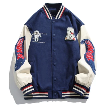 Американские куртки с воротником-стойкой, мужская бейсбольная форма с вышитыми буквами, подходящие по цвету, негабаритные повседневные пальто для пары с Хай-стрит