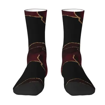 Бордово-золотая Текстура Агата Мужские и женские носки для экипажа Унисекс Забавная 3D печать Абстрактные носки с мраморным камнем