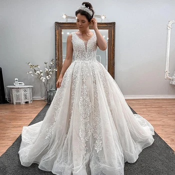 Великолепное женское свадебное платье для невесты без рукавов с V-образным вырезом, изысканная кружевная аппликация, свадебное платье со шлейфом в часовне, Vestido Novia