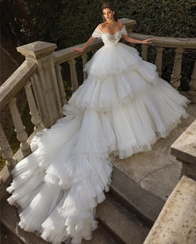 Винтажные свадебные платья с пайетками и открытыми плечами, Многоуровневый шлейф с рюшами, платья для невесты с открытой спиной, Vestidos De Novia