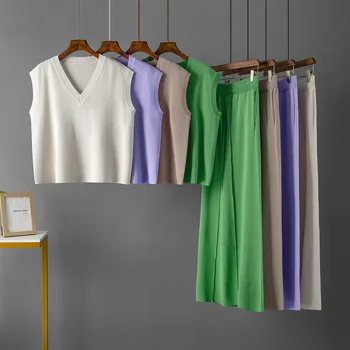 Высококачественные комплекты из двух предметов, женская одежда, свитер, жилет и широкие брюки, подходящие комплекты одежды в стиле ZA