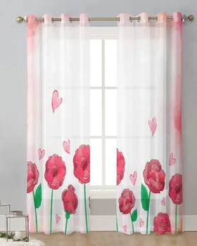 День Святого Валентина Акварельные цветы Листья Роз Тюлевые занавески для гостиной Прозрачные окна Вуалевые шторы с люверсами