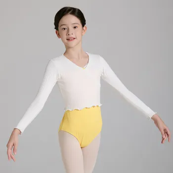 Дешевая Модная Детская одежда для тренировок для девочек, V-образный вырез, Тонкий Дышащий Белый Балетный свитер с длинным рукавом для танцев