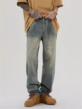 Джинсы Мужская одежда Y2K с принтом High Street, застиранные Брюки с прямыми штанинами, свободные брюки с карманами на пуговицах A006