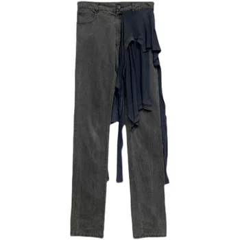 Дизайнерский стиль Waste Soil Уличный тренд, Нерегулярные повседневные брюки в стиле пэчворк, застиранные джинсы, облегающие прогулочные брюки, японская уличная одежда