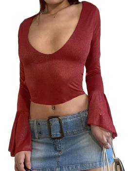 Женская Повседневная Однотонная футболка-Туника Свободного Кроя с V-образным вырезом и Коротким рукавом и рюшами по Низу