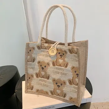 Женская сумка через плечо с рисунком милого медведя, льняная студенческая сумочка для девочек, мини-уличная сумочка, повседневная сумка для ланча, сумка подмышками