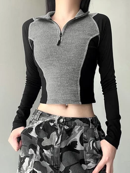 Женские трикотажные укороченные топы, модный приталенный свитер контрастного цвета с высоким воротом, Гранжевая рубашка с длинным рукавом на молнии наполовину, уличная одежда