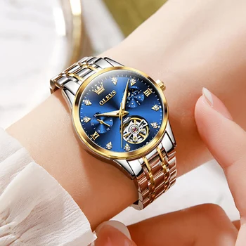 Женские часы марки OLEVS Tourbillon, Роскошные Автоматические Механические часы, модные женские водонепроницаемые наручные часы с фазой Луны reloj