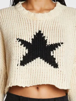 Женский винтажный укороченный свитер в стиле Гранж с рисунком звезды, вязаный пуловер с длинным рукавом и круглым вырезом, топы в стиле ретро, вязаные крючком топы