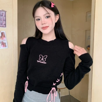 Женский вязаный свитер с вышивкой бабочкой, круглым вырезом и длинными рукавами, милая повседневная Корейская версия, Универсальная мода