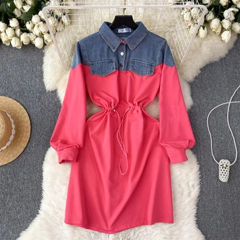 Женское винтажное джинсовое платье в стиле пэчворк ярких цветов с карманом и длинным рукавом, завязкой на шнурке, Мини-платья Vestido QD009