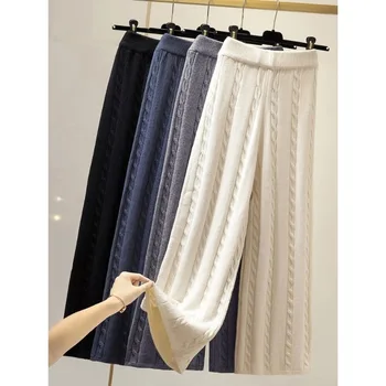 Зимние трикотажные широкие брюки, женские свободные трикотажные брюки прямого кроя с завышенной талией, повседневные укороченные широкие брюки, женские топы