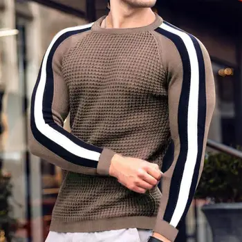 Зимний мужской свитер, вязаный свитер с круглым вырезом в цвет блока, трикотаж с длинными рукавами, приталенный пуловер, свитер для улицы