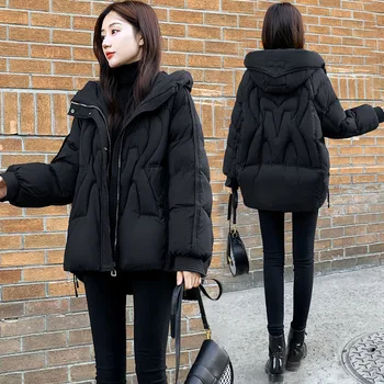 Качественное женское пуховое хлопчатобумажное пальто, короткая толстая теплая зимняя куртка, Новая верхняя одежда Parker с капюшоном, черные женские куртки со снежной подкладкой