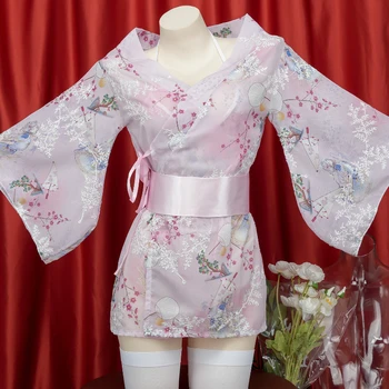 Косплей Костюм для девочек из японского аниме, Розовое Прозрачное Кимоно с вышивкой, пижамы, Женский Сексуальный банный халат для вечеринок, Топы, Домашняя одежда в подарок