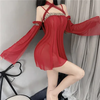 Красное сексуальное китайское старинное традиционное платье, женское белье, юбка Hanfu с открытой спиной, Летняя ночная рубашка, Трусики с сетчатыми рукавами, одежда