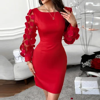 Красное сетчатое жаккардовое вечернее платье с длинными рукавами, сексуальное облегающее платье трапециевидной формы с открытой спиной, женские элегантные офисные платья с круглым вырезом на талии