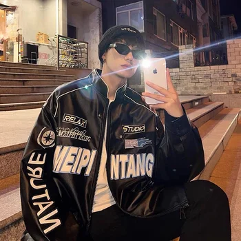 Куртка в американском стиле мужская уличная мотоциклетная одежда хип-хоп модный бренд ruffian красивый y2k топ мужская одежда кожаная куртка