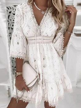 Летнее платье в стиле бохо, женский пляжный сарафан, модное мини-платье с открытой шнуровкой и вышивкой, женское Белое кружевное праздничное платье Vestidos