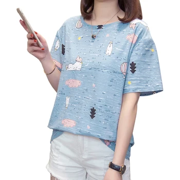Летняя новая женская футболка с короткими рукавами и круглым вырезом с мультяшным принтом, версия большого размера для поездок на работу из хлопка и льна, женские футболки, топ