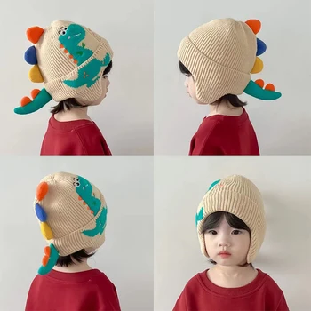 Милая Зимняя шапка с динозавром для девочек, детские шапочки, детские Вязаные шапочки-Бини, теплые шапки-ушанки