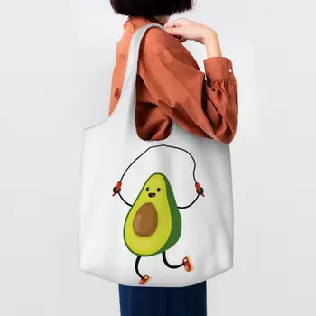 Многоразовая сумка для покупок с прыгающим авокадо, женская холщовая сумка через плечо, моющиеся сумки для покупок с фруктами, веганские продукты, сумки для покупок, сумки