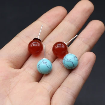 Модные натуральные полудрагоценные камни, круглые шарики, красный агат, сине-бирюзовые серьги-гвоздики, простые украшения-заклепки для ушей, очаровательный подарок
