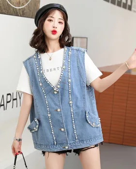 Модный женский джинсовый жилет из бисера 2023 года, весенне-летняя куртка без рукавов с V-образным вырезом, Женский Корейский повседневный свободный жилет 3XL