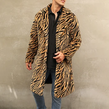 Мужская куртка из искусственного меха, зимние теплые длинные пальто, верхняя одежда, утепленная леопардовая верхняя одежда