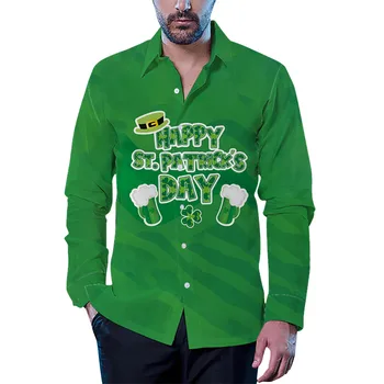 Мужская рубашка с длинным рукавом на День Святого Патрика, осенние повседневные 3D Гавайские рубашки с длинным рукавом, топы, уличная одежда в стиле Ретро, свободные,