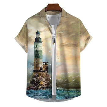 Мужская рубашка с коротким рукавом с 3D-принтом, одежда Lighthouse, Свободная рубашка оверсайз, Пляжная вечеринка, топ с коротким рукавом, Гавайская толстовка