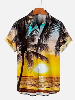 Мужские гавайские рубашки с рисунком кокосовой пальмы, летняя пляжная рубашка на закате, мужская повседневная рубашка с короткими рукавами, Изысканная рубашка с 3D принтом