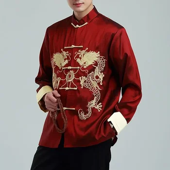 Мужской костюм с вышивкой дракона Тан 2023, мужская рубашка, верхняя куртка, пальто Cheongsam Hanfu в стиле ретро Hanfu