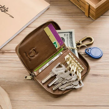 Мужской кошелек из натуральной кожи с карманом для ключей, маленький кошелек для ключей на молнии, брелок для ключей, Дизайнерская сумка для денег, Двойной кошелек, мужской