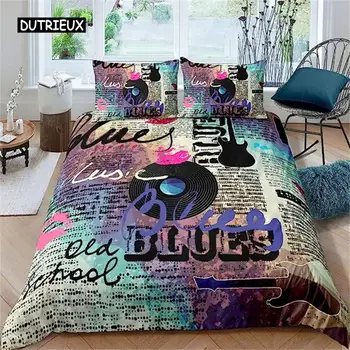 Музыкальный комплект постельного белья Винтажное блюзовое одеяло, Олдскульные гитарные пластинки, пододеяльник с 2 наволочками, декор комнаты размера 