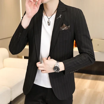 Новая мужская модная корейская версия повседневного джентльменского облегающего полосатого удобного блейзера для ведущего свадьбы в итальянском стиле