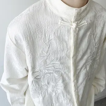 Новая осенняя мужская рубашка в китайском стиле с воротником-стойкой, на пуговицах, с вышитыми длинными рукавами, Восточный топ, танкостюмы, мужская рубашка