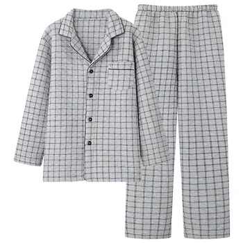 Новейшая воздушная хлопчатобумажная пижама мужская осенне-зимняя толстая домашняя одежда в клетку с длинными рукавами, мужской теплый 3-слойный тонкий стеганый костюм