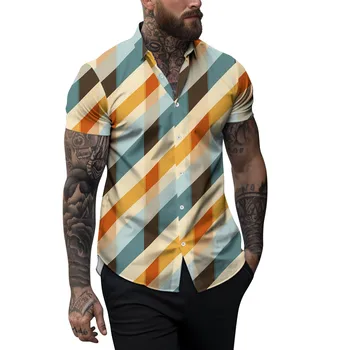 Новое поступление модных мужских рубашек большого размера, летние ретро-клетчатые рубашки с коротким рукавом, повседневная однобортная рубашка размера плюс M-5xl